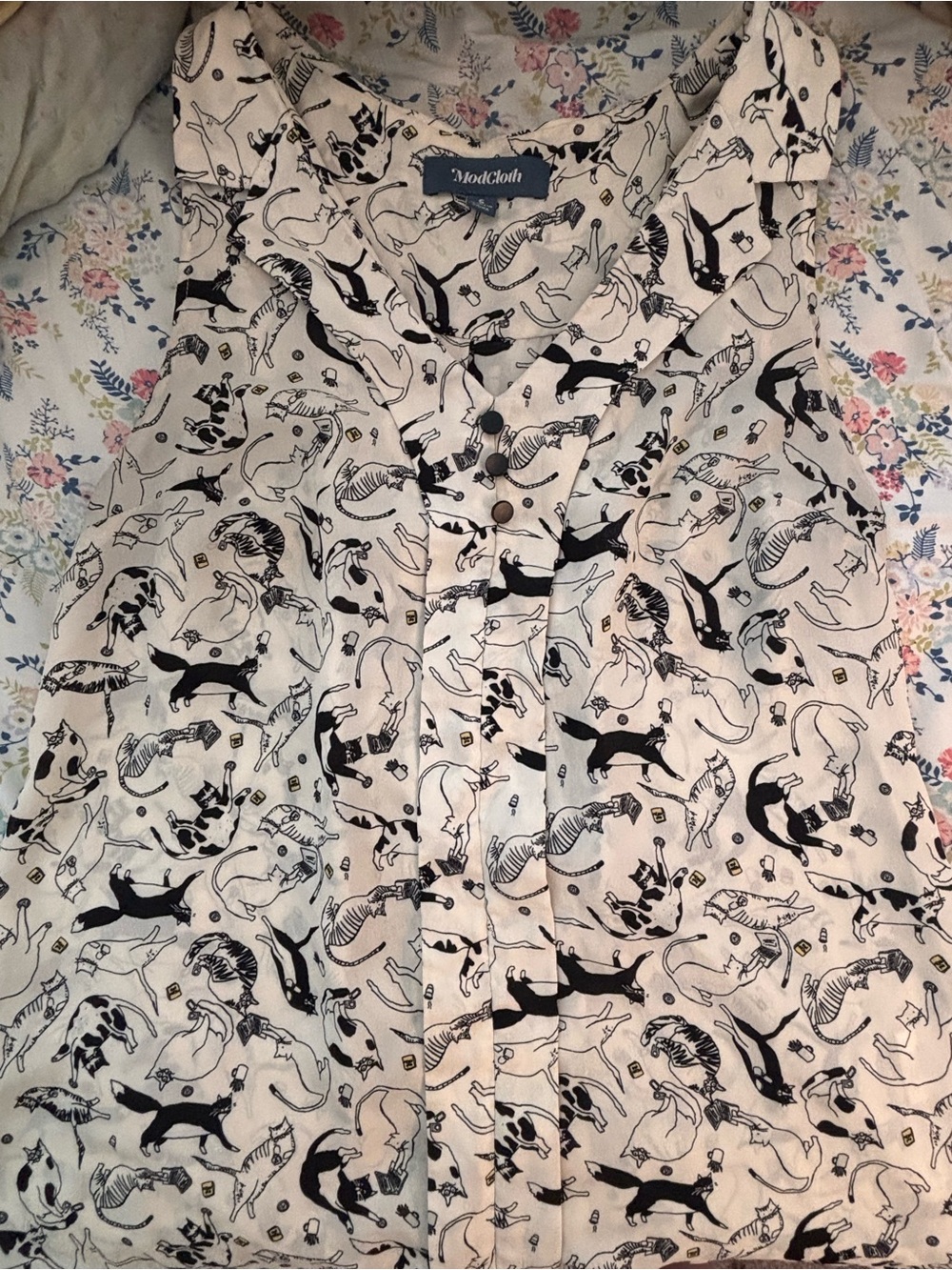 ModCloth Cream and Black Cat-Print Button Front Tank